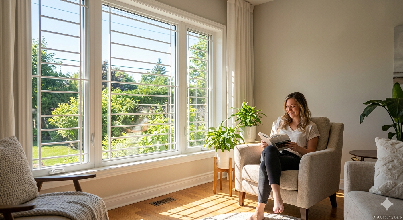 Modern white window security bars installed in a sun-filled living room allowing natural light to enter.